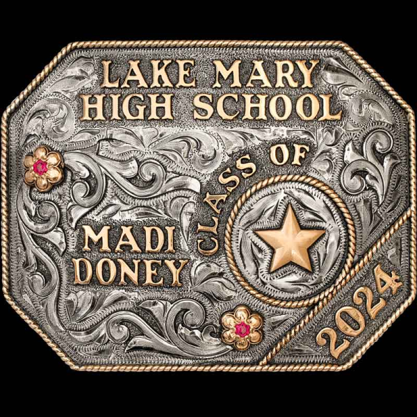Caps off to you, Graduate, well done! The Reagan Graduation Buckle features a hand engraved silver base with personalized bronze lettering and figure. Personalize the logo for any High School or College!
